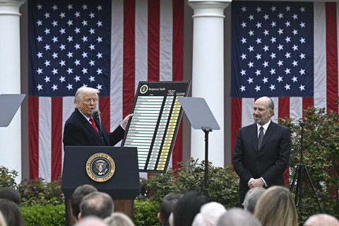 Presiden Donald Trump menunjukkan grafik tarif impor baru dengan disaksikan Menteri Perdagangan AS Howard Lutnick saat "Make America Wealthy Again" di Gedung Putih, Washington DC, Amerika Serikat, Rabu (2/4/2025). Foto: AFP