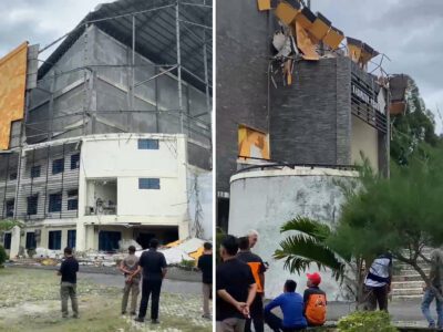Dinding bagian depan samping Gedung DPRD Kabupaten Pesawaran yang ambrol.