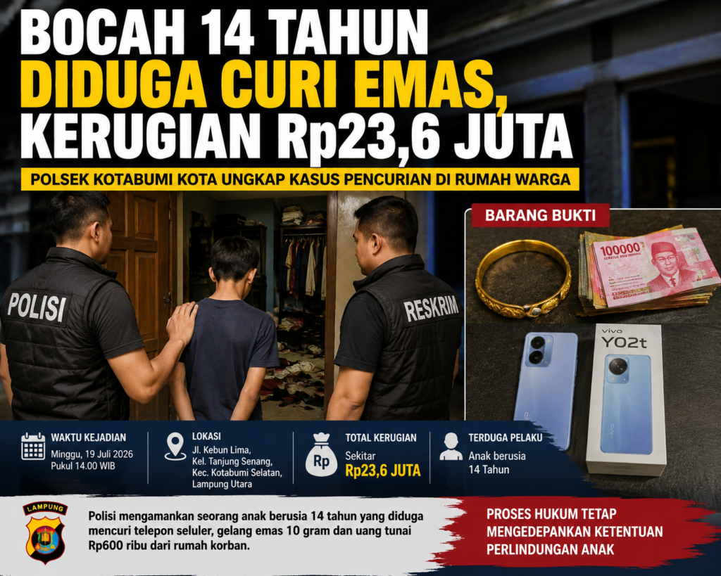Bocah 14 Tahun Diduga Curi Emas dan Uang, Kerugian Capai Rp23,6 Juta